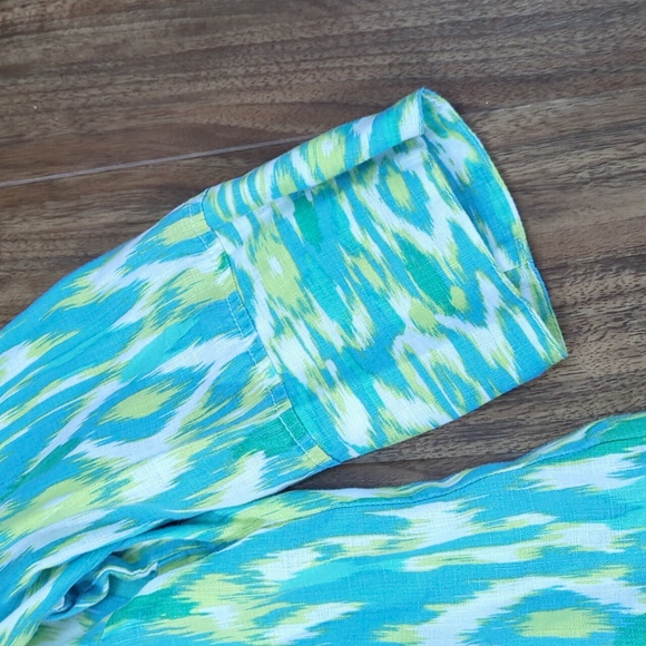 100% Linen Blue and Green V-Neck Patterned Top - Picture 5 of 11